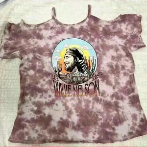 Zion Rootswear Womens Willie Nelson Tye Dye Cold Shoulder Graphic Tee Sz 4 Boho